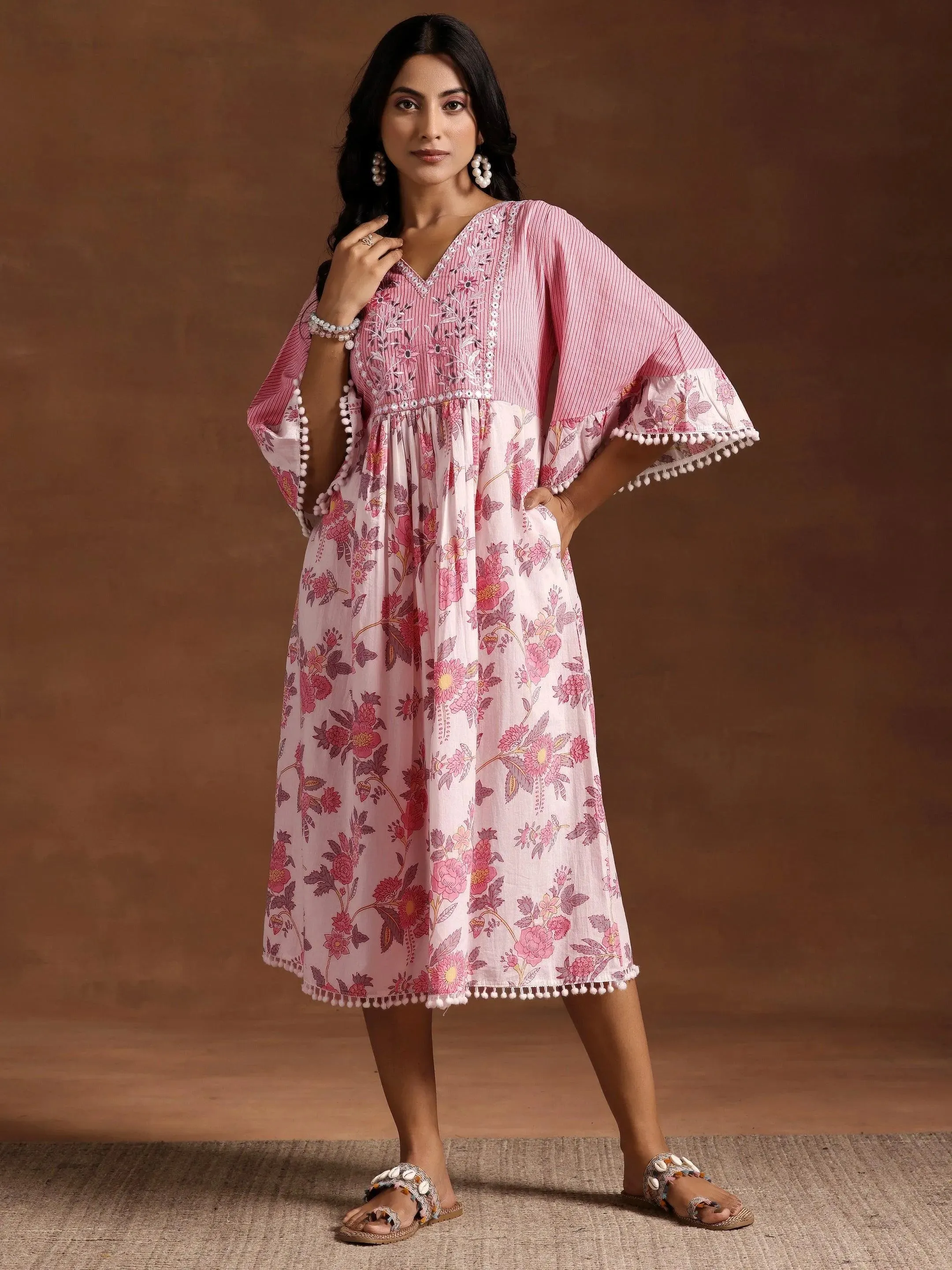 Pink Printed Cotton A-Line Dress