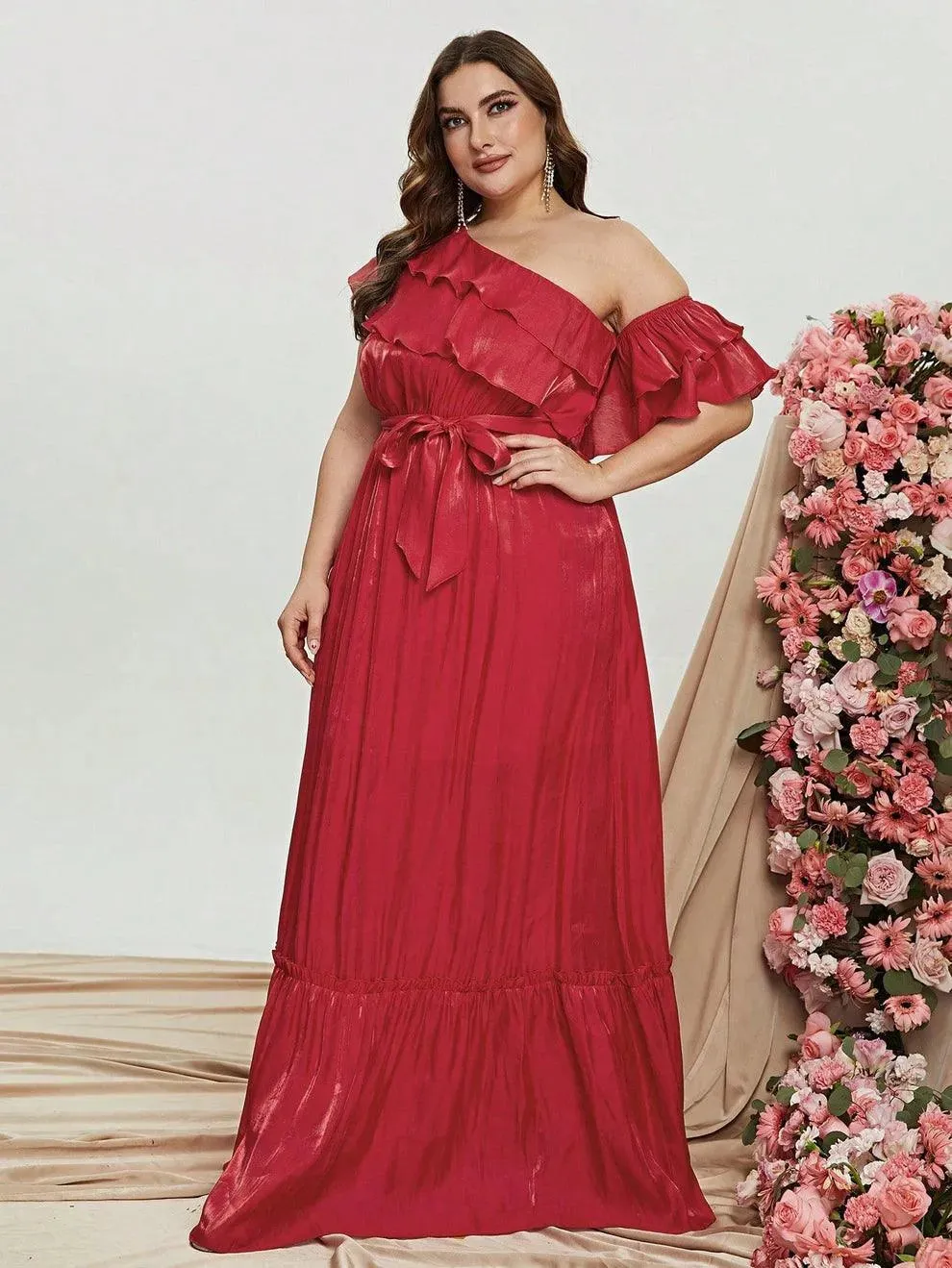 Plus Size Asymmetrical One Shoulder Chiffon  A Line Dresses