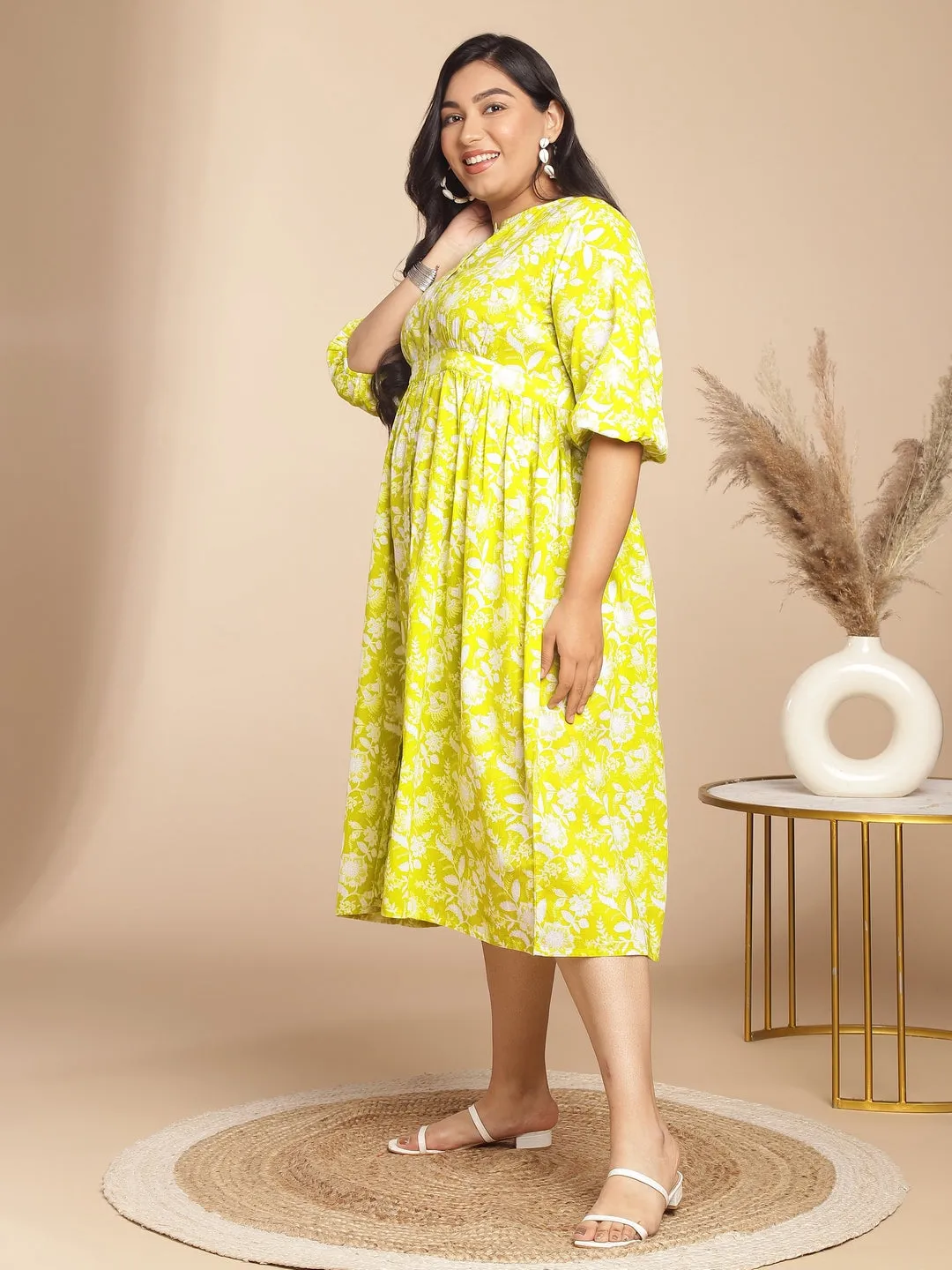 Plus Size Lime Cotton Floral Gathered Dress  - By Janasya