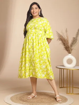 Plus Size Lime Cotton Floral Gathered Dress  - By Janasya