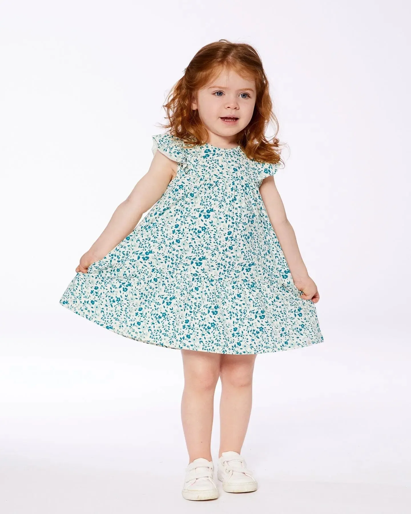 Printed Organic Cotton Dress Small Turquoise Flowers