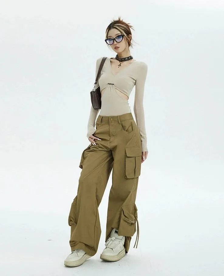 Ruched Drawstring Cut-Out Long Sleeve Crop Top