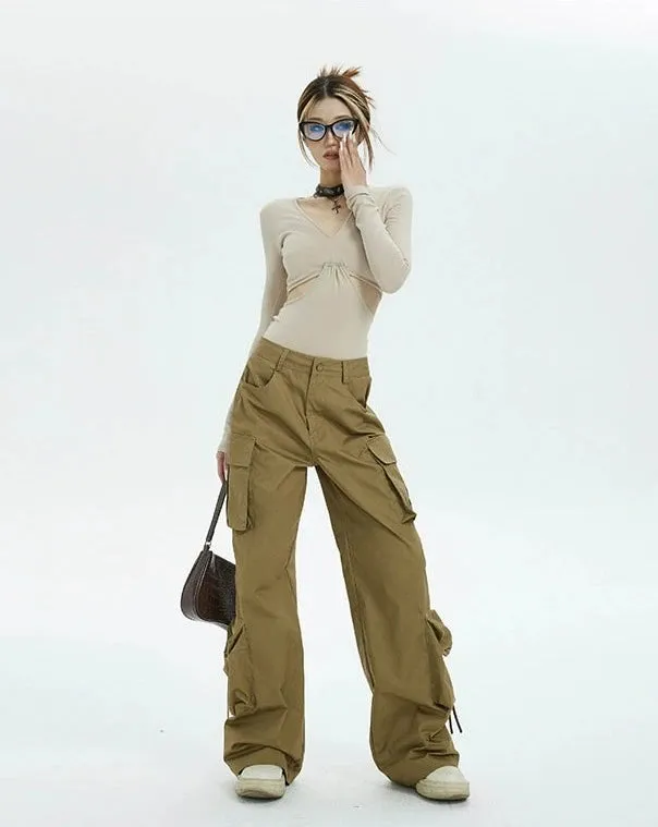 Ruched Drawstring Cut-Out Long Sleeve Crop Top
