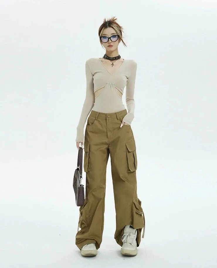 Ruched Drawstring Cut-Out Long Sleeve Crop Top
