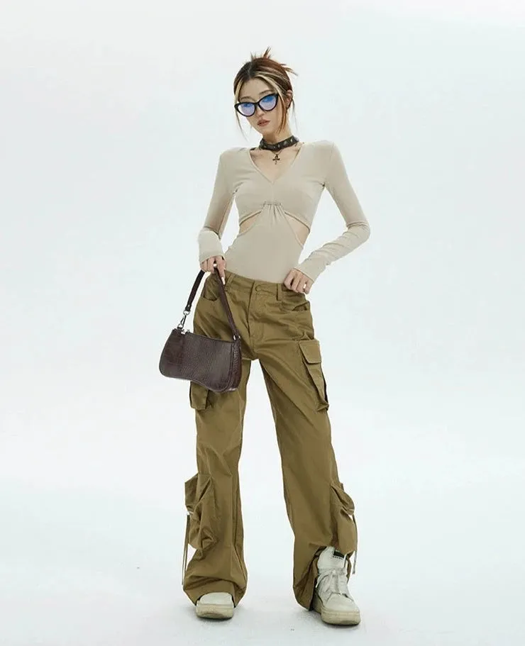 Ruched Drawstring Cut-Out Long Sleeve Crop Top