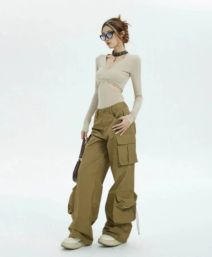 Ruched Drawstring Cut-Out Long Sleeve Crop Top