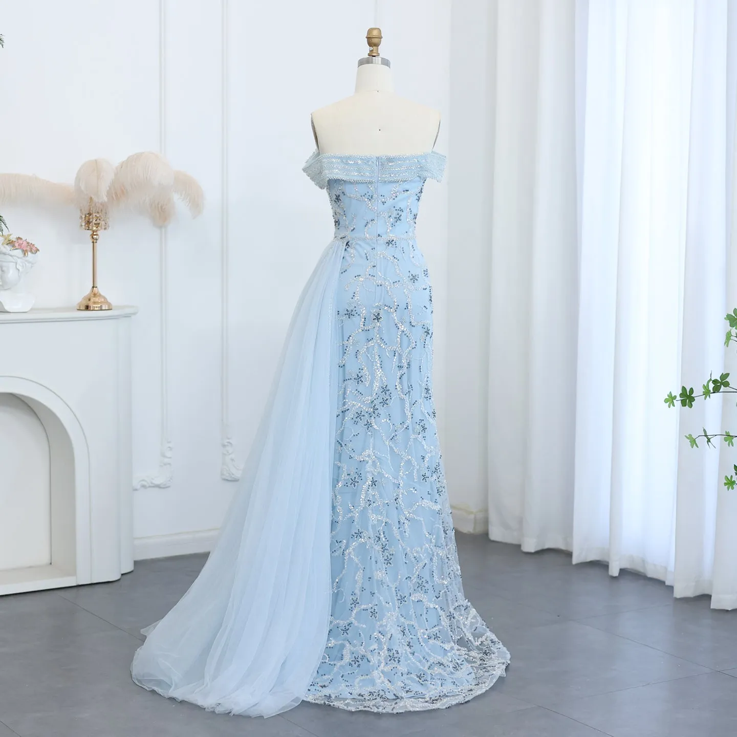 Sharon Said Elegant Off Shoulder Mermaid Lilac Evening Dress with Overskirt 2024 Plus Size Women Blue Wedding Party Gown SS055