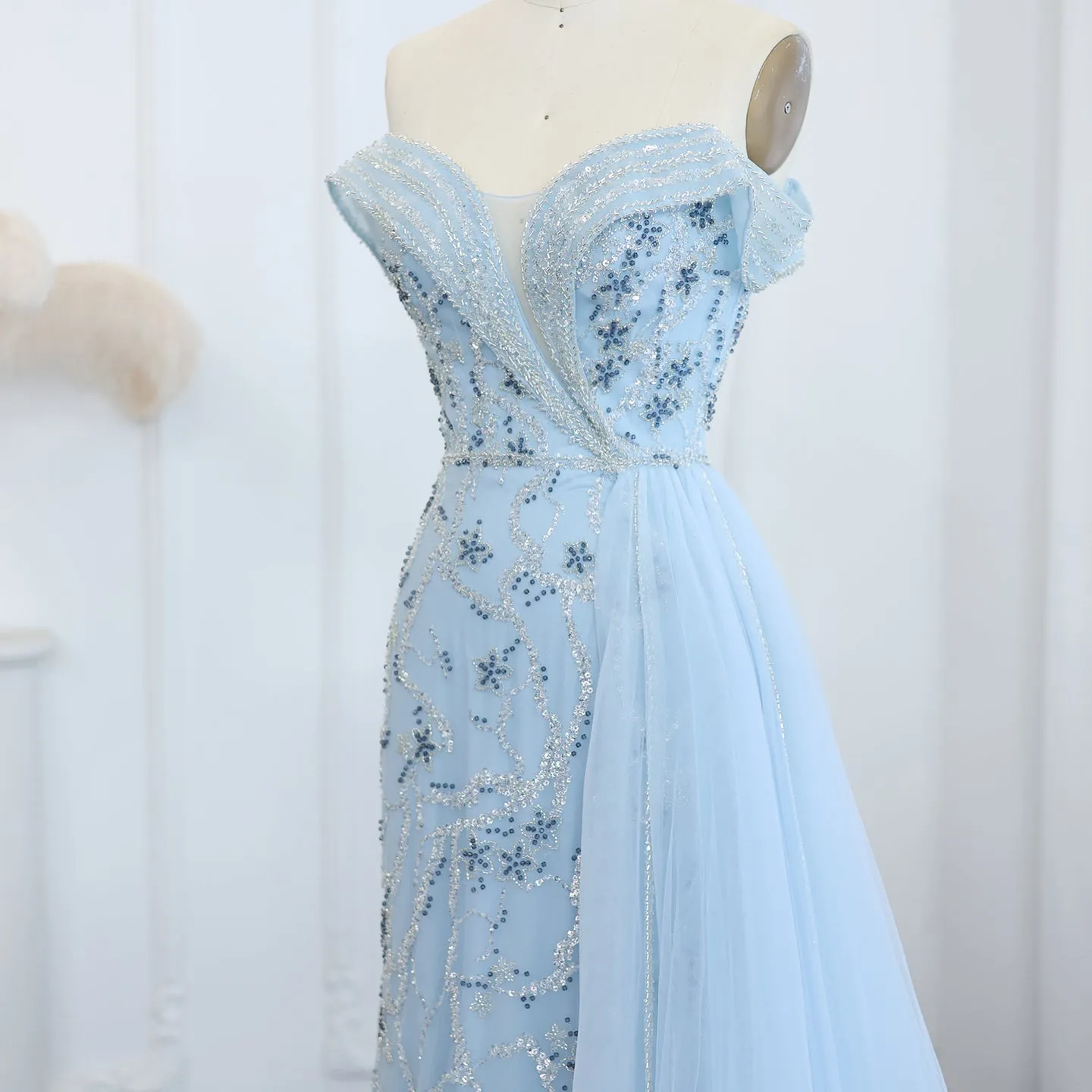 Sharon Said Elegant Off Shoulder Mermaid Lilac Evening Dress with Overskirt 2024 Plus Size Women Blue Wedding Party Gown SS055