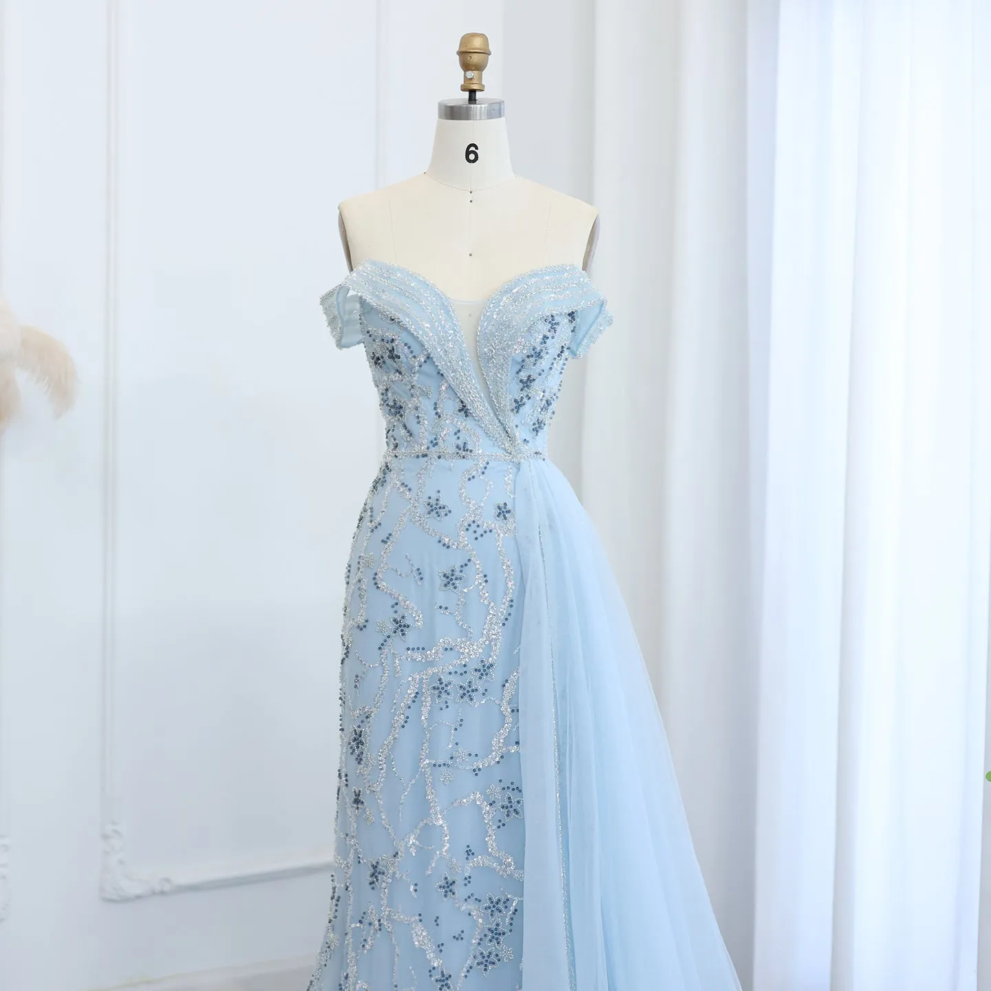 Sharon Said Elegant Off Shoulder Mermaid Lilac Evening Dress with Overskirt 2024 Plus Size Women Blue Wedding Party Gown SS055