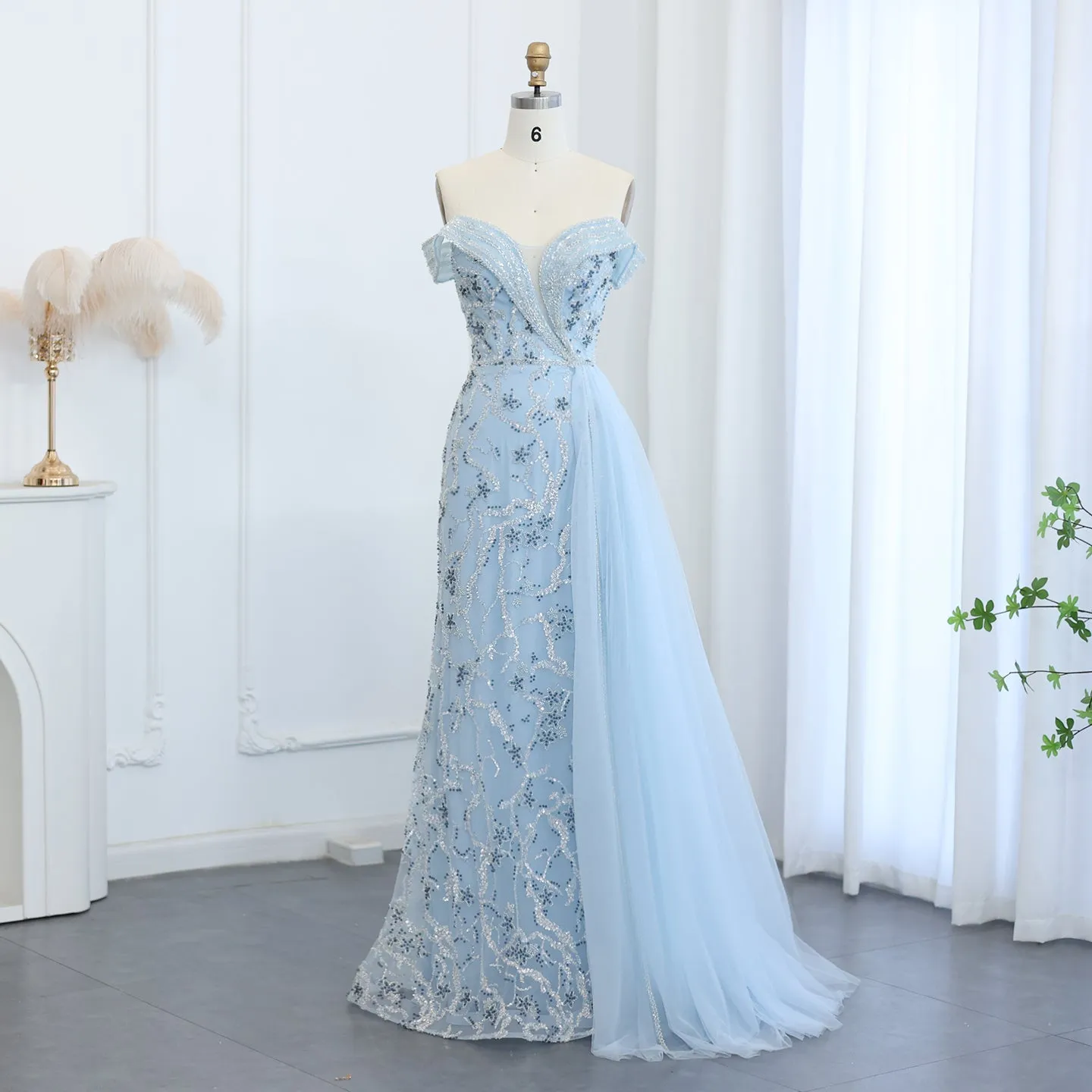 Sharon Said Elegant Off Shoulder Mermaid Lilac Evening Dress with Overskirt 2024 Plus Size Women Blue Wedding Party Gown SS055