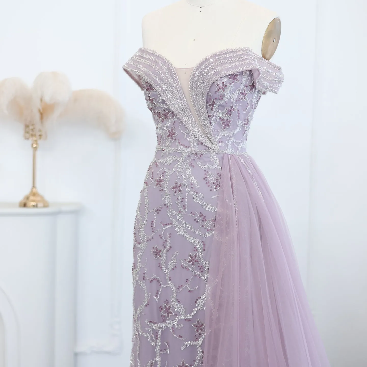 Sharon Said Elegant Off Shoulder Mermaid Lilac Evening Dress with Overskirt 2024 Plus Size Women Blue Wedding Party Gown SS055