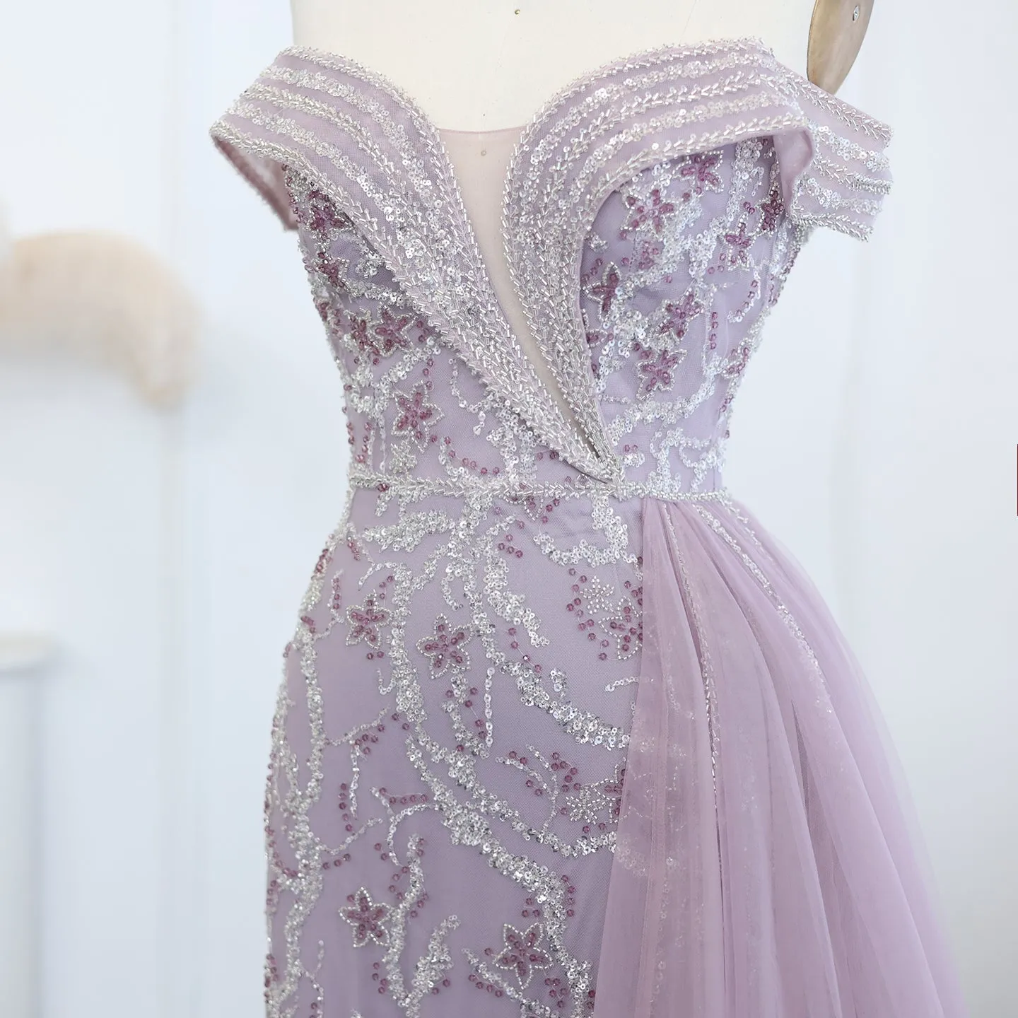 Sharon Said Elegant Off Shoulder Mermaid Lilac Evening Dress with Overskirt 2024 Plus Size Women Blue Wedding Party Gown SS055