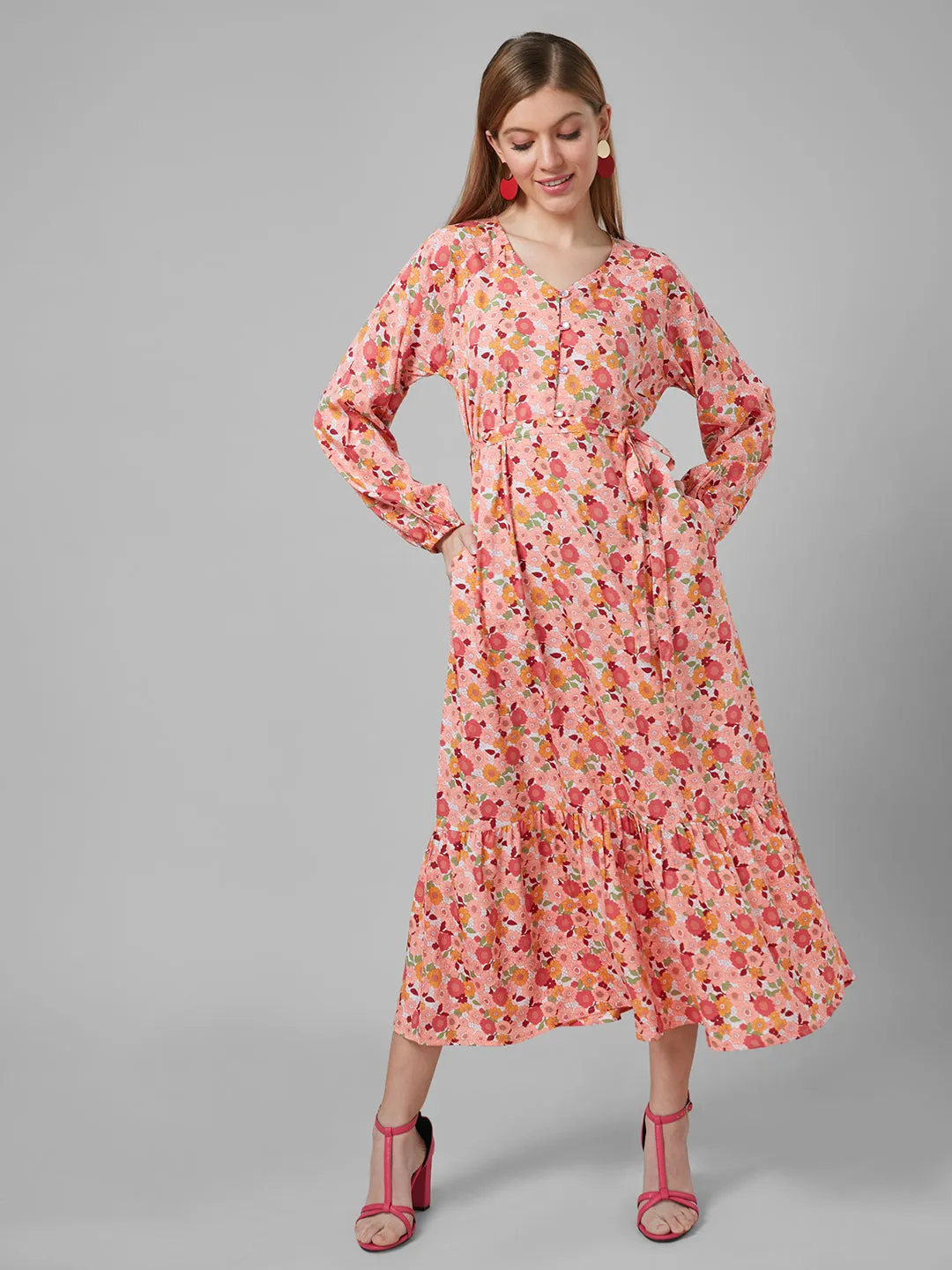 Style Quotient Women Peach And Multi Floral Polyester Fit and flare smart casual Maxi Dress