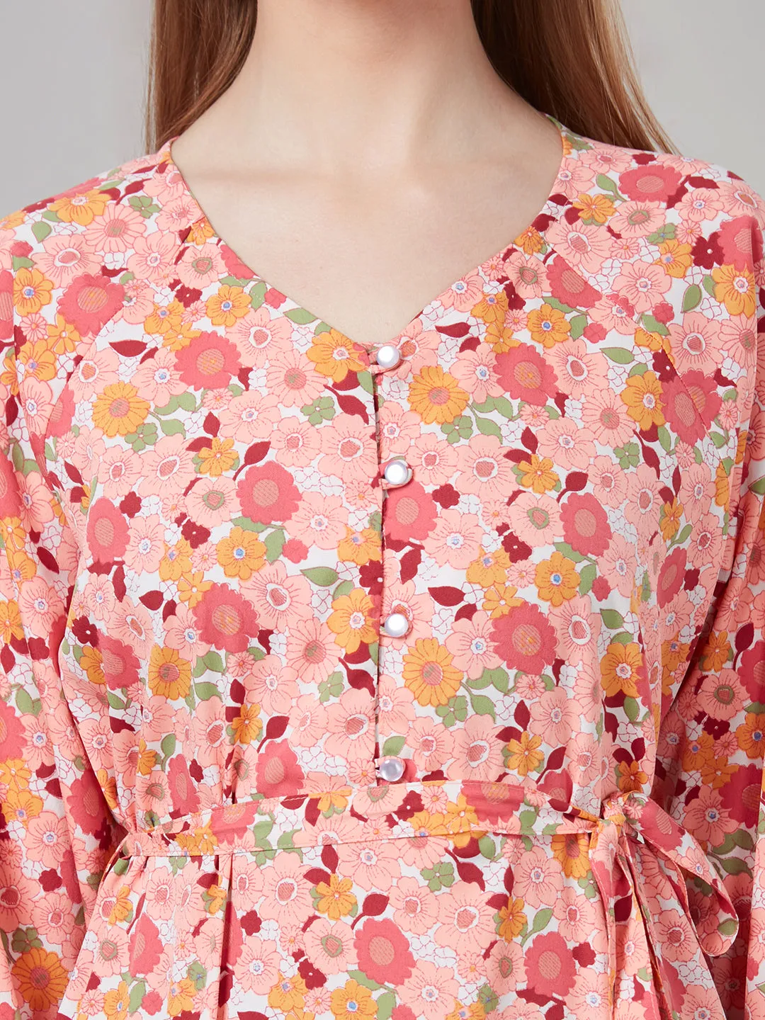 Style Quotient Women Peach And Multi Floral Polyester Fit and flare smart casual Maxi Dress