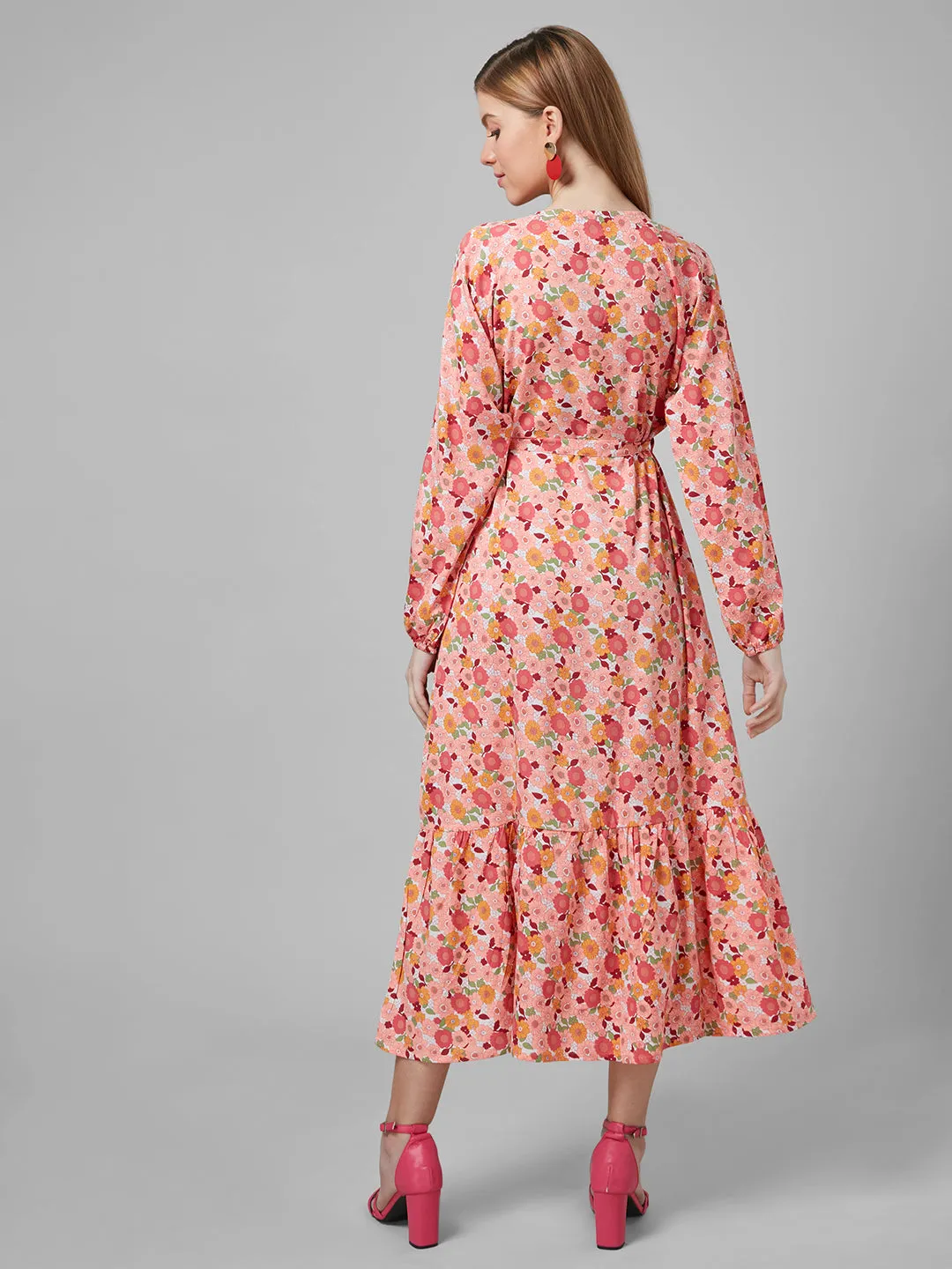 Style Quotient Women Peach And Multi Floral Polyester Fit and flare smart casual Maxi Dress