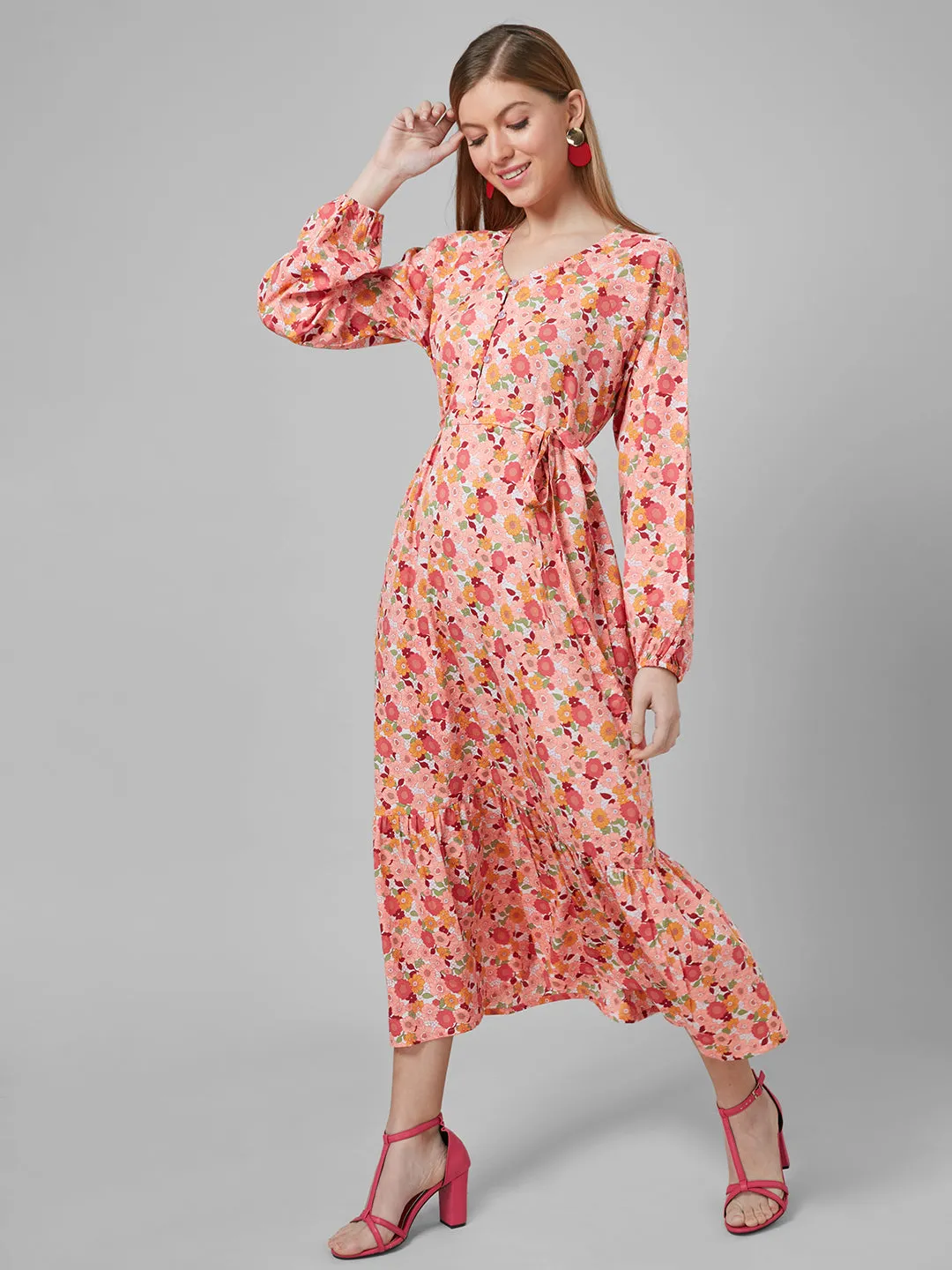 Style Quotient Women Peach And Multi Floral Polyester Fit and flare smart casual Maxi Dress