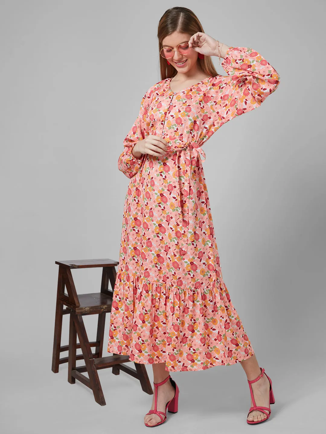 Style Quotient Women Peach And Multi Floral Polyester Fit and flare smart casual Maxi Dress