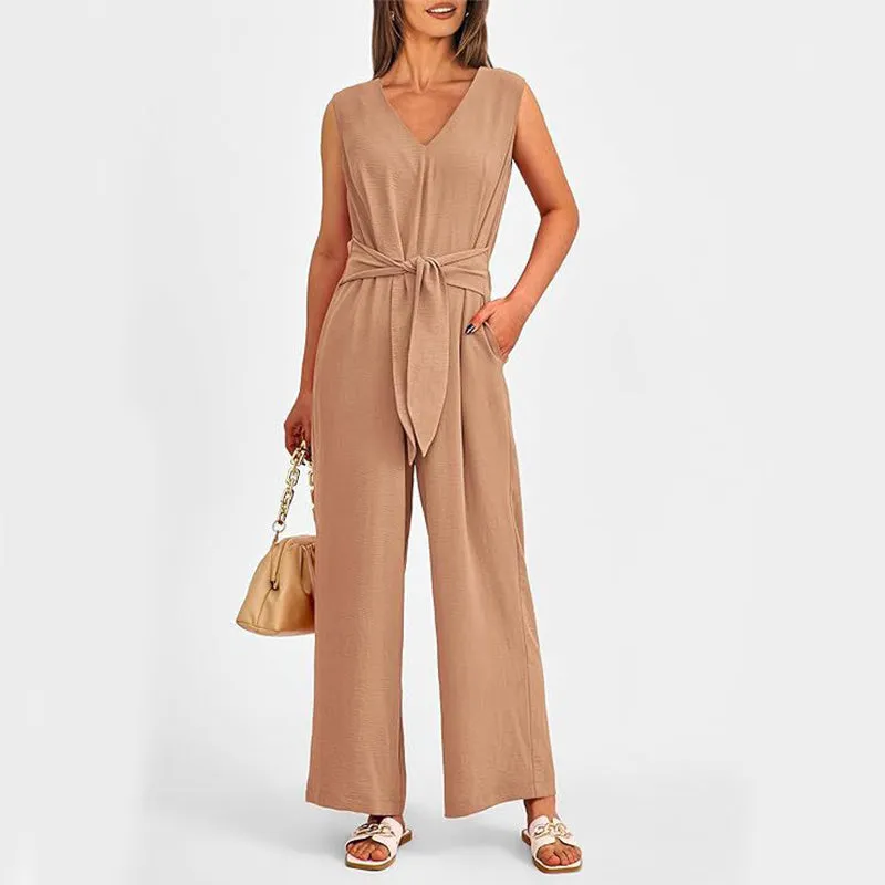 Summer Women V-neck Long Wide-Leg  Jumpsuit w/ Pockets