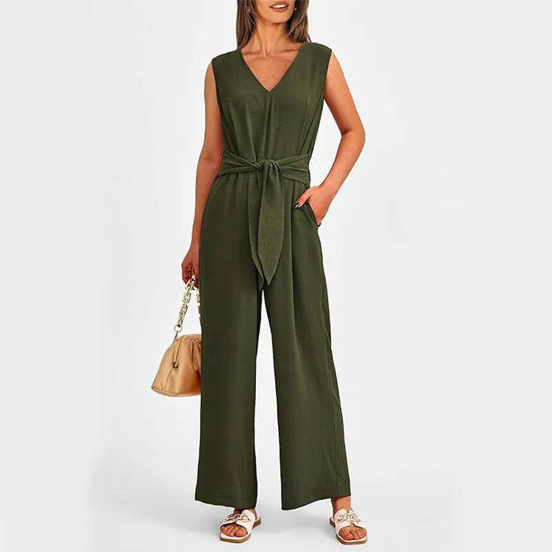 Summer Women V-neck Long Wide-Leg  Jumpsuit w/ Pockets