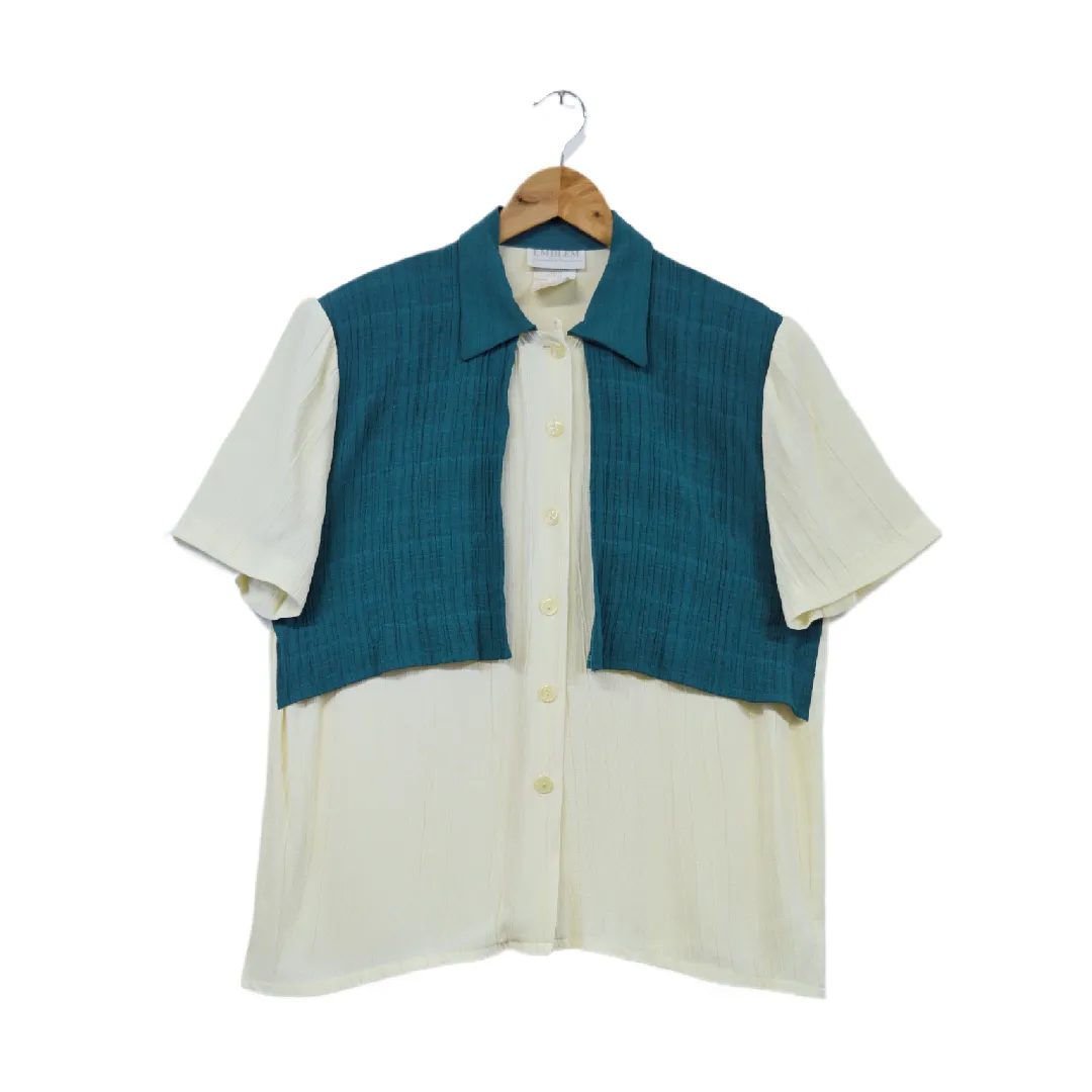 Teal and Cream Colour Block Short Sleeve Blouse | M-L
