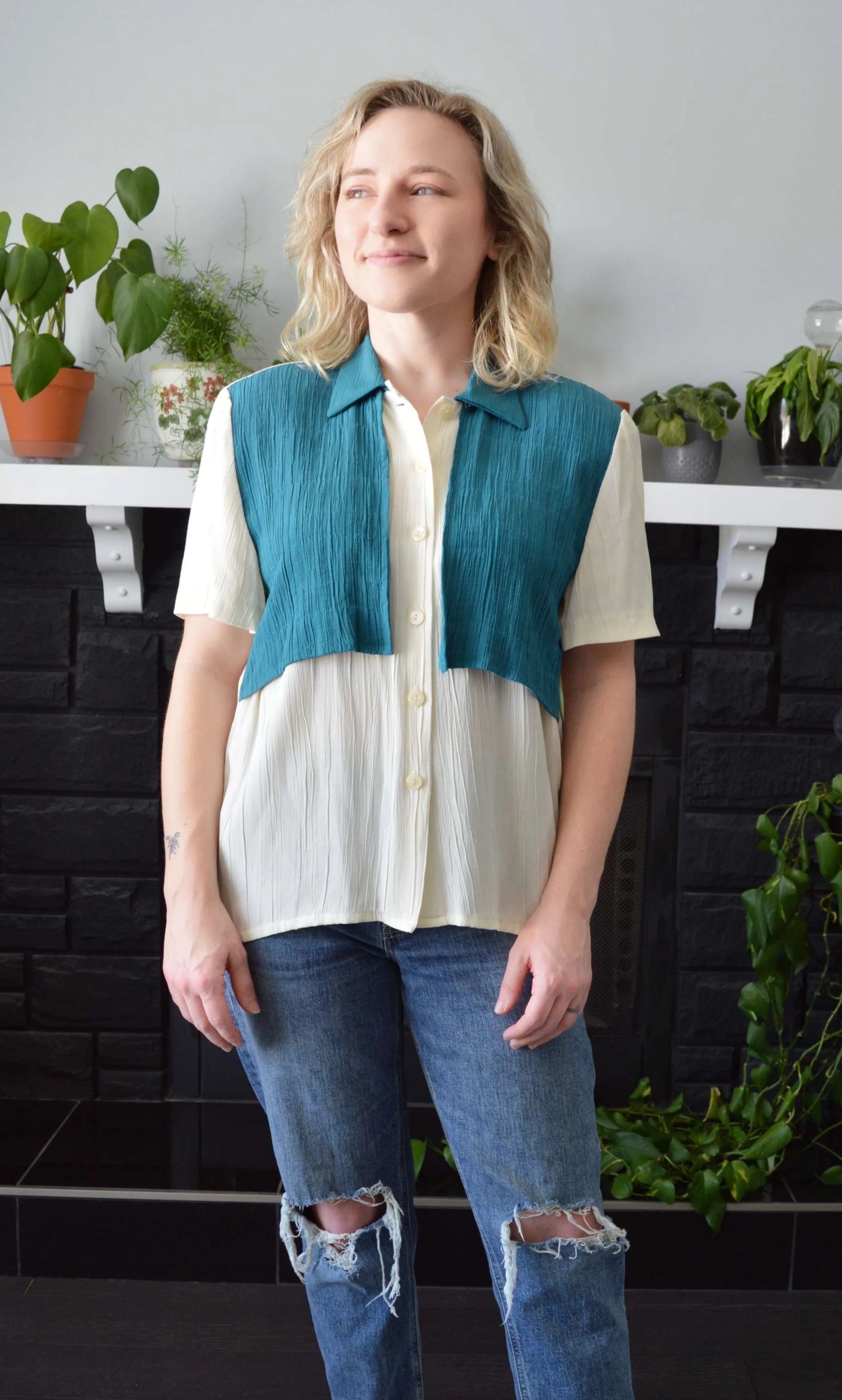 Teal and Cream Colour Block Short Sleeve Blouse | M-L