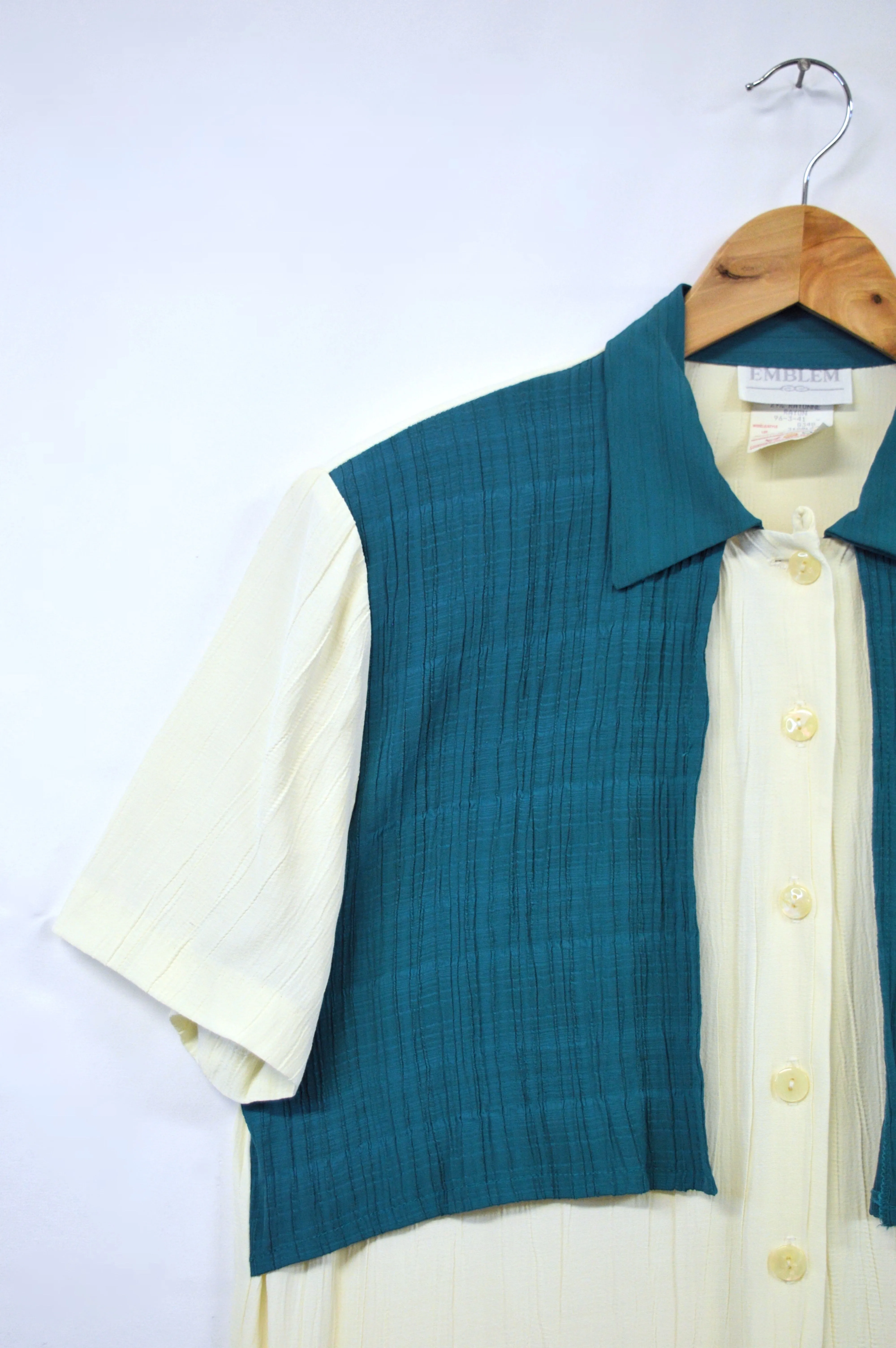 Teal and Cream Colour Block Short Sleeve Blouse | M-L