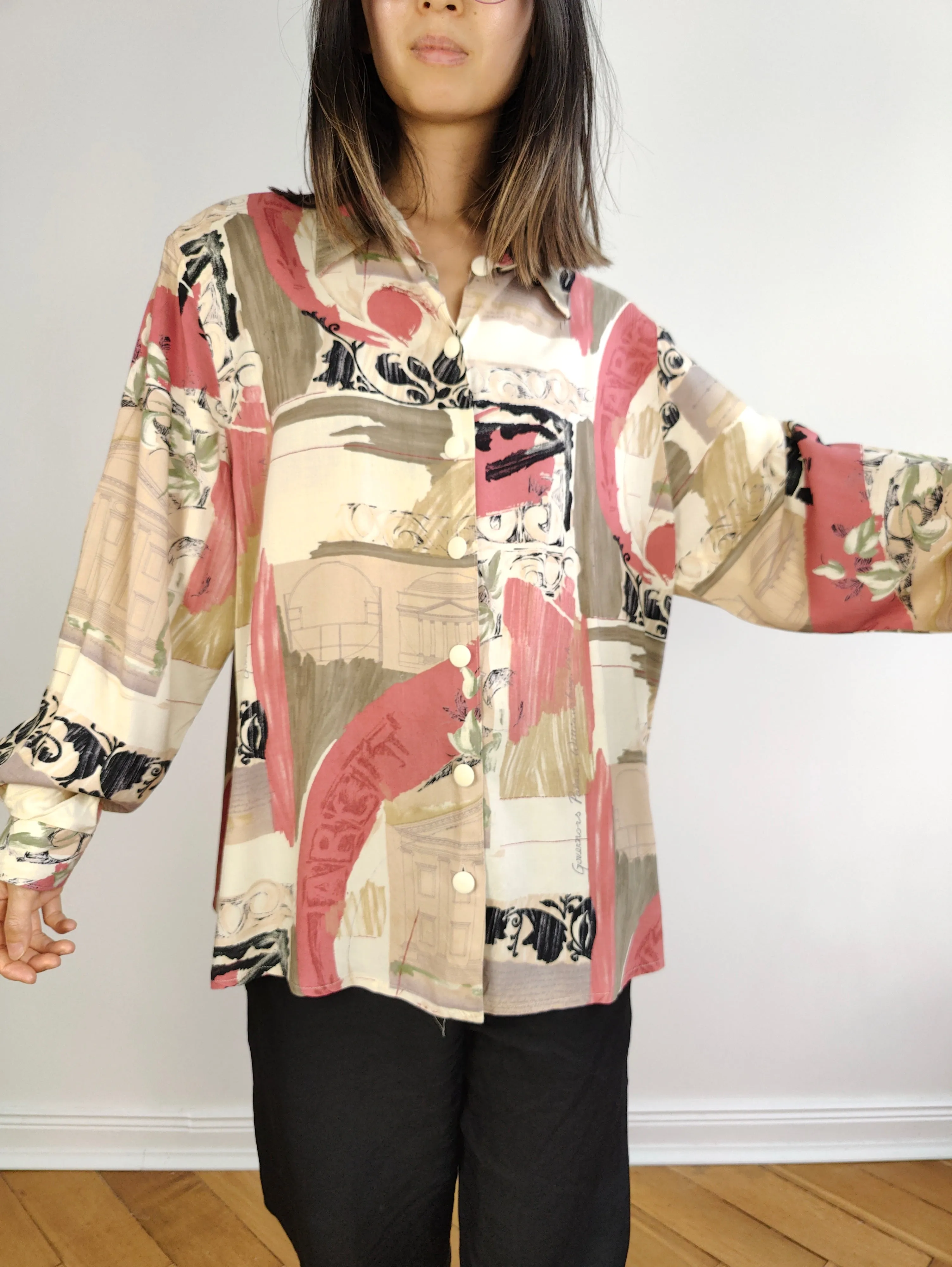 The Peach Cream Pattern Blouse | Vintage viscose pink white print shirt women M