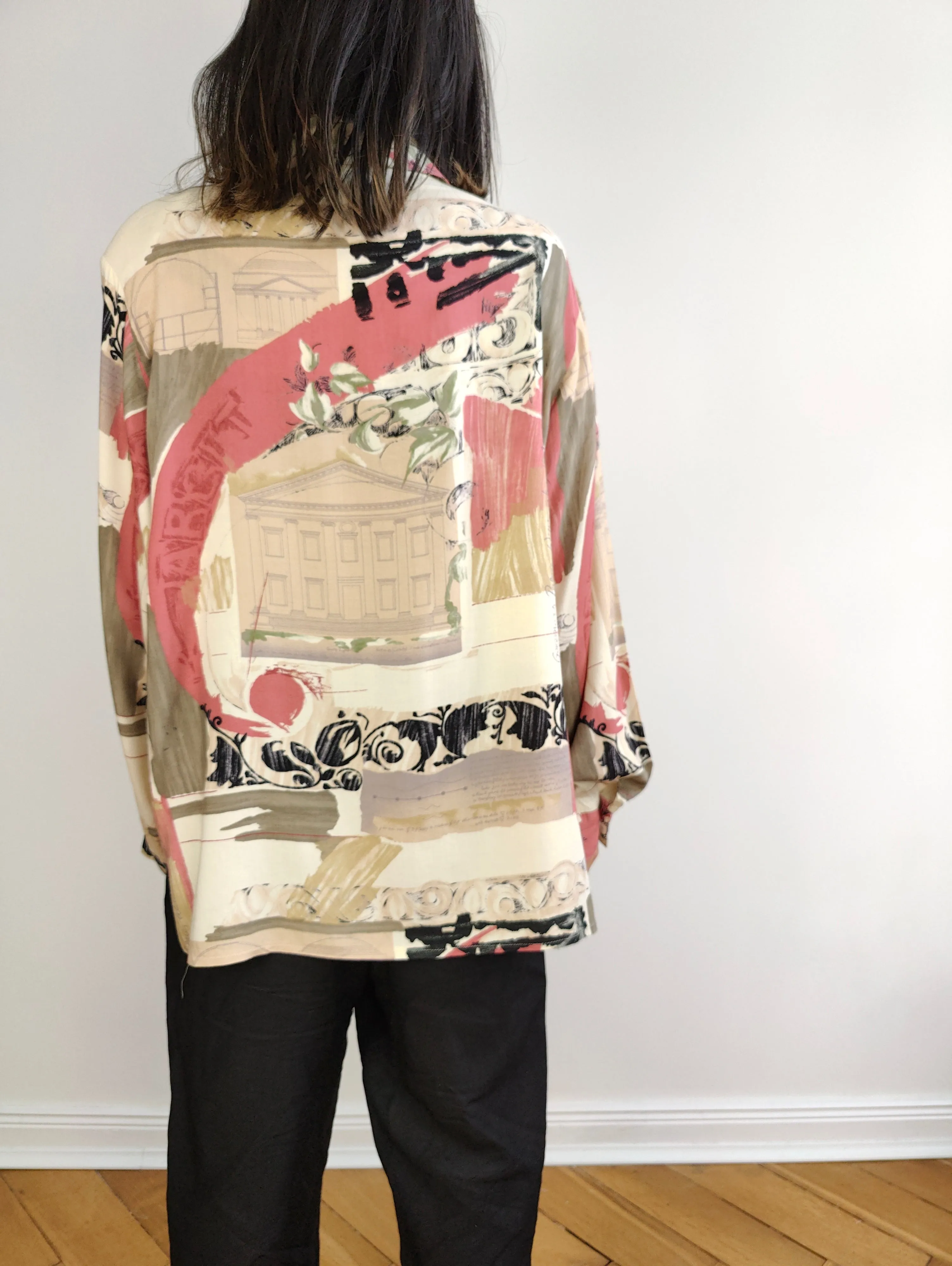 The Peach Cream Pattern Blouse | Vintage viscose pink white print shirt women M