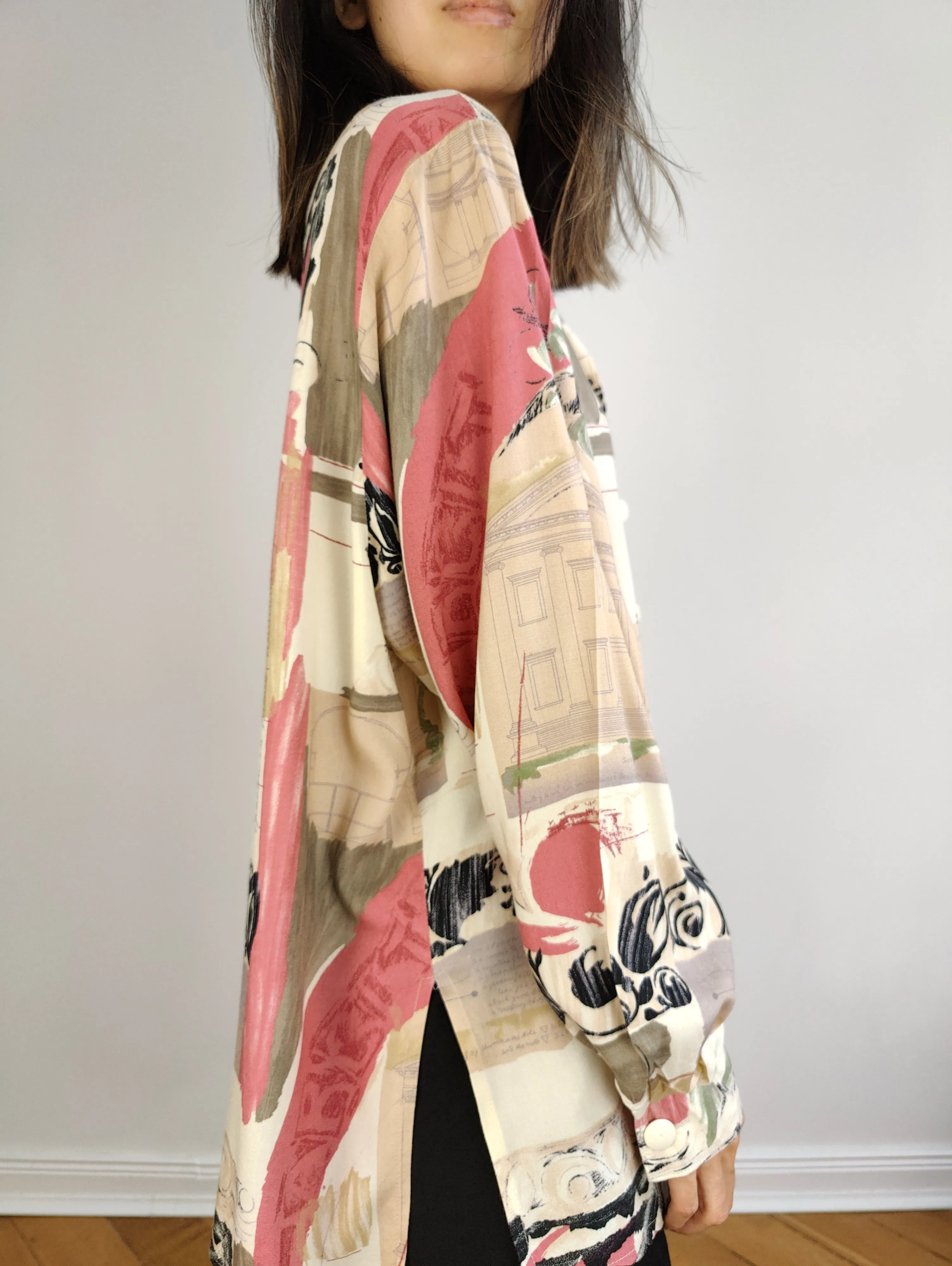 The Peach Cream Pattern Blouse | Vintage viscose pink white print shirt women M