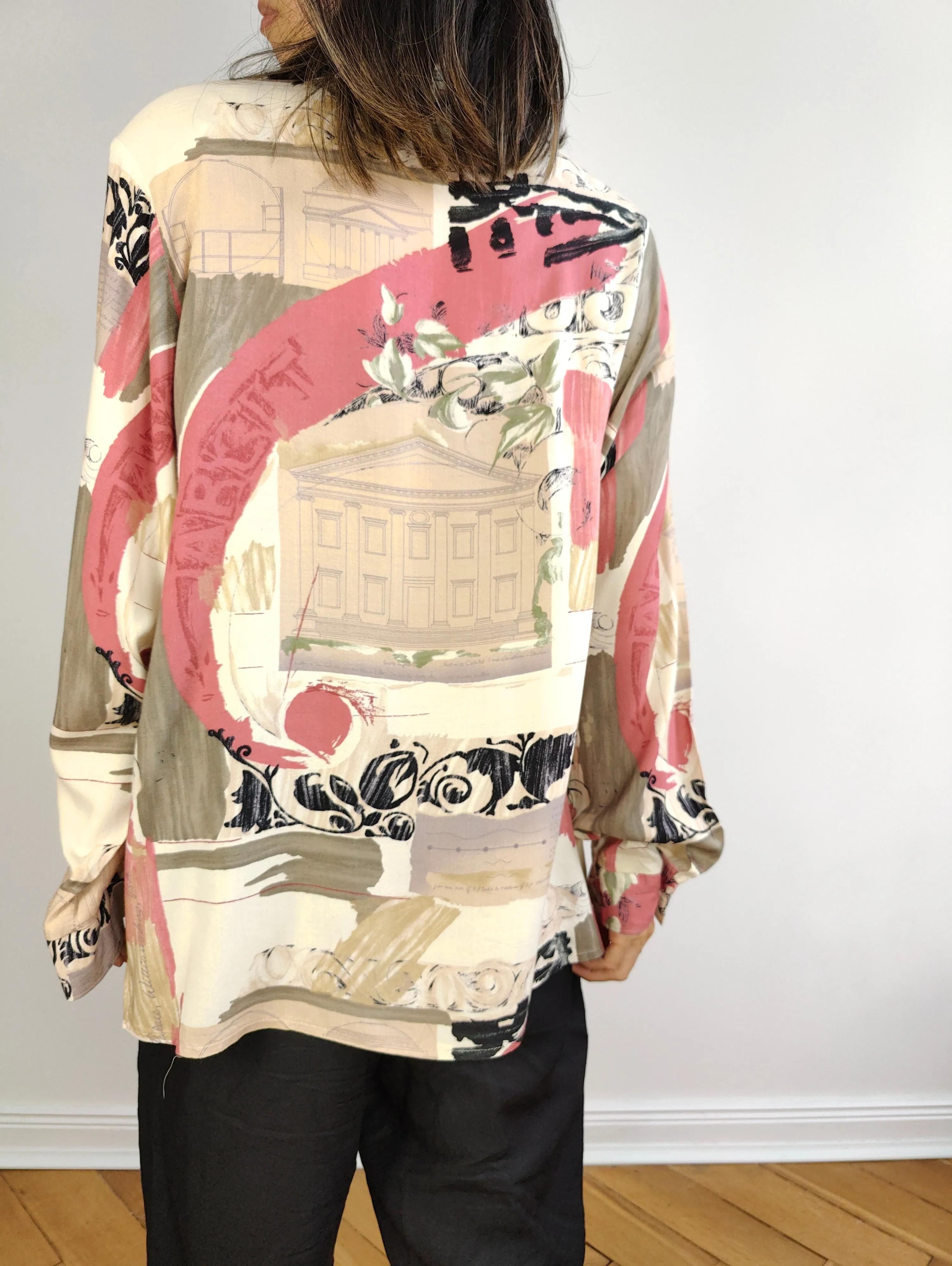 The Peach Cream Pattern Blouse | Vintage viscose pink white print shirt women M
