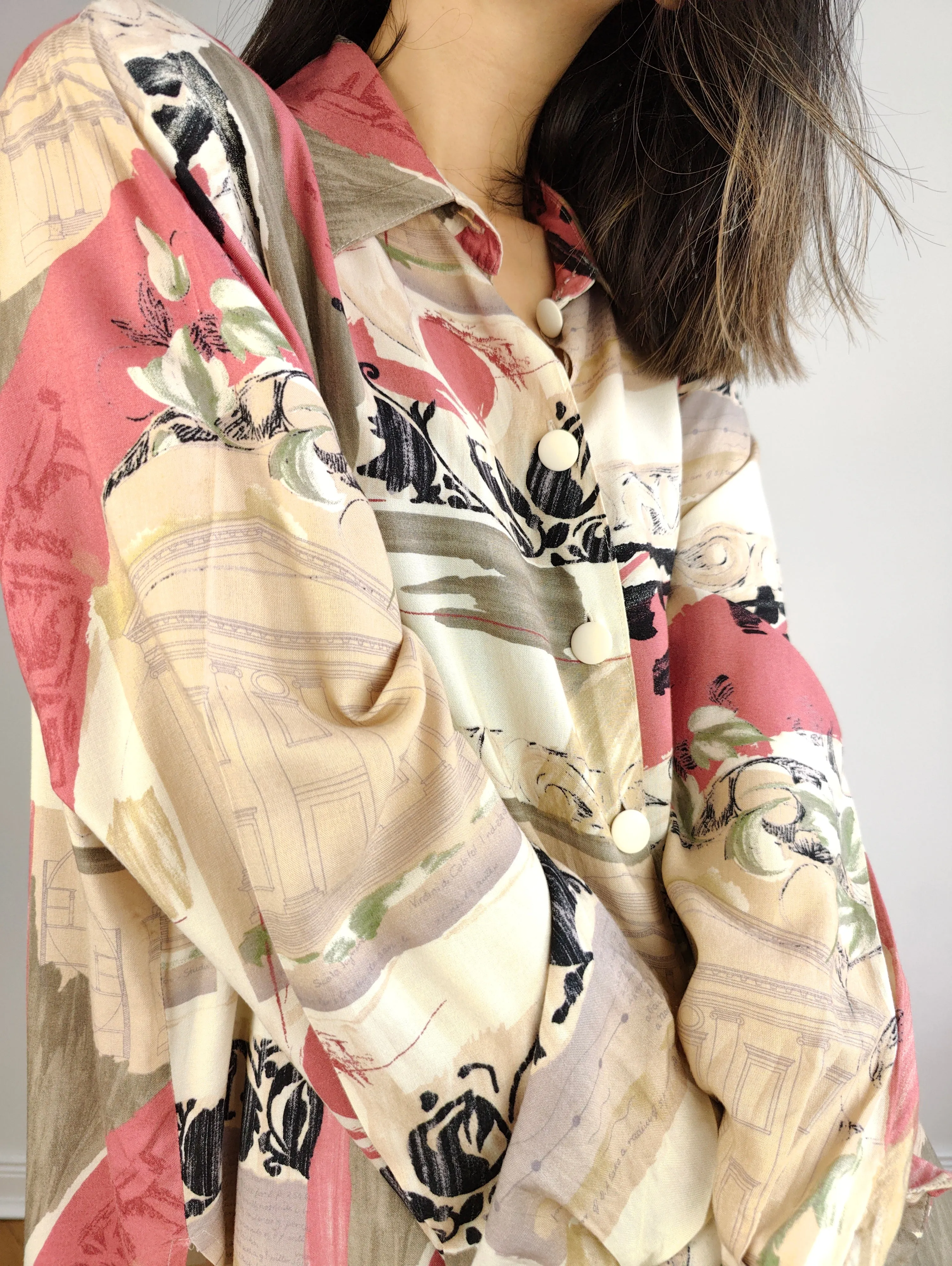 The Peach Cream Pattern Blouse | Vintage viscose pink white print shirt women M