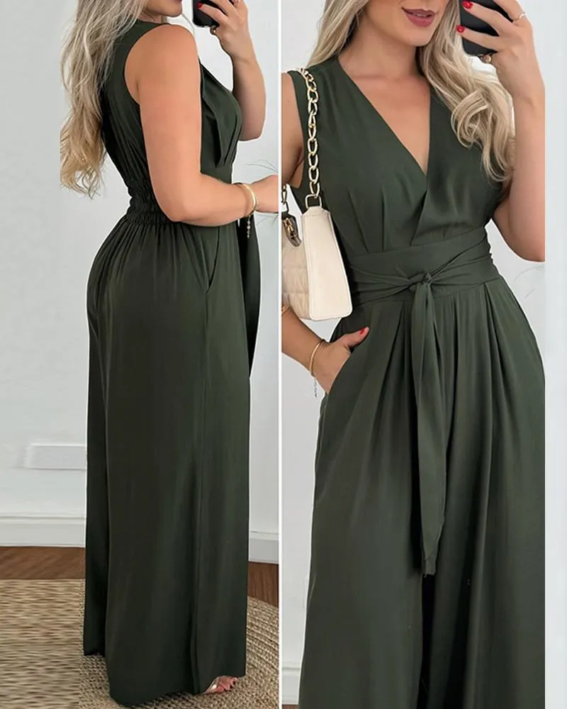 Tied Detail Pocket Design Wide Leg Jumpsuit