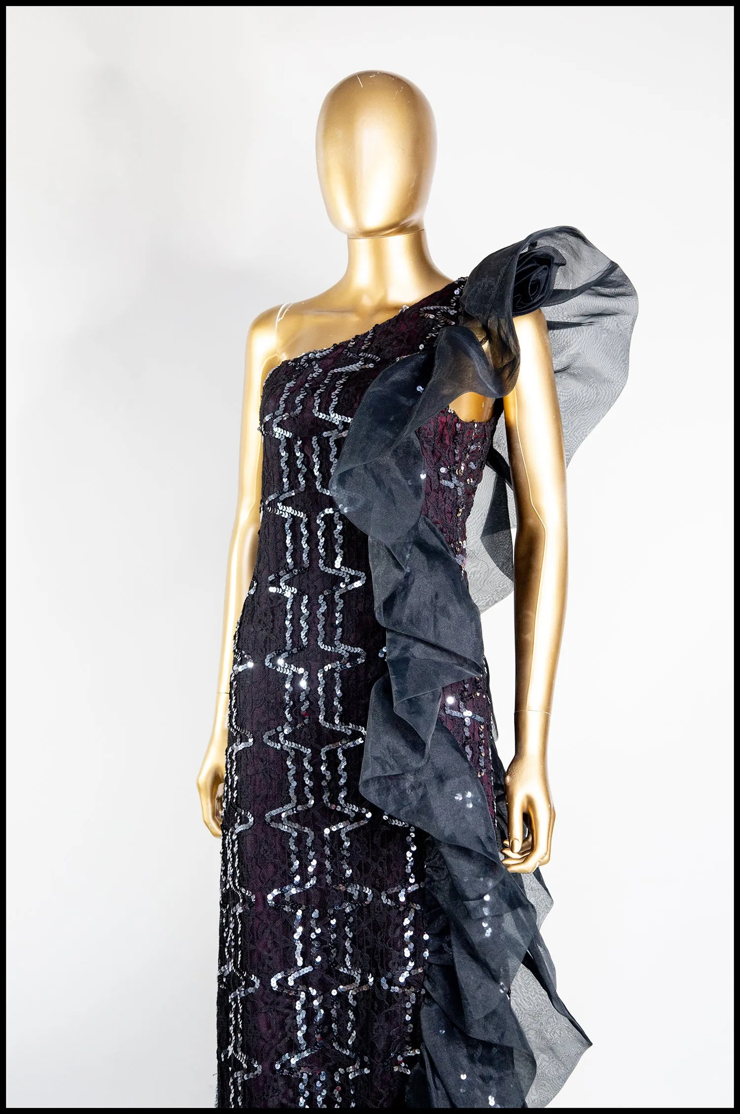 Vintage 1980s Black Asymmetric Ruffle Dress