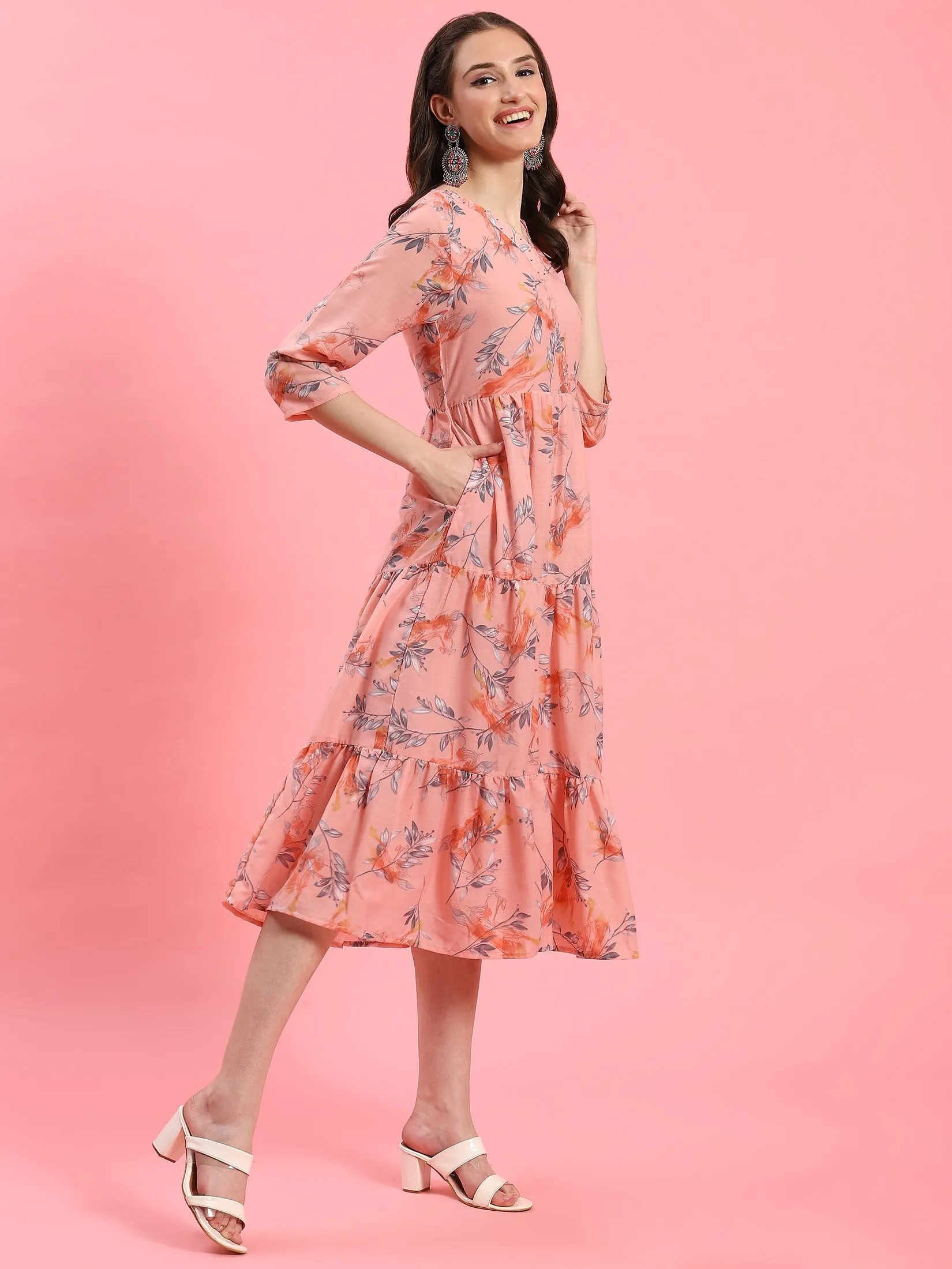 Women Peach Floral Printed Dress