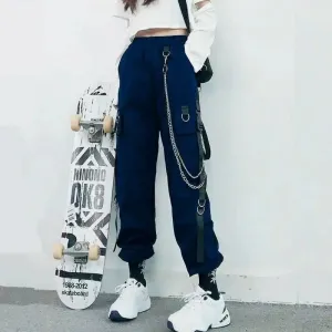 Women's Denim Solid Hip Hop Chain Jogger Jeans