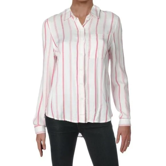 Women's White and Pink Striped Button Down Top Size Medium