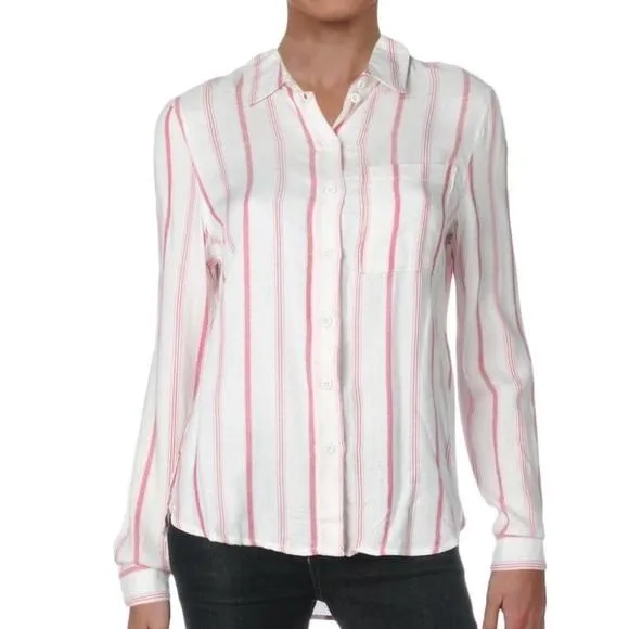Women's White and Pink Striped Button Down Top Size Medium