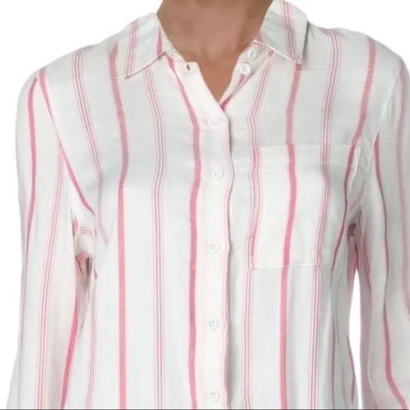 Women's White and Pink Striped Button Down Top Size Medium